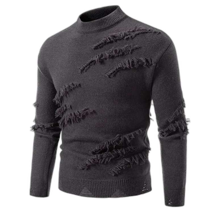 Men's Distressed Round-Neck Knit Sweater Casual